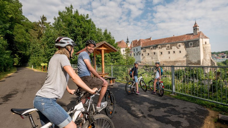 Vier Radfahrer auf einem Weg mit einem Schloss im Hintergrund.