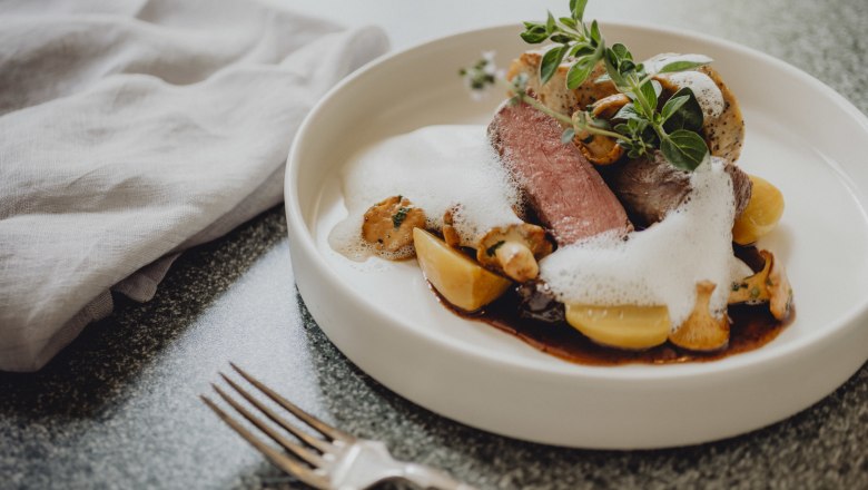 Gourmet dish with venison, napkin dumplings, mushrooms and foam on a white plate.