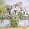 Aquarell eines Hauses mit Garten und Sonnenblumen.