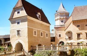 Historische Burg mit T&uuml;rmen und Zinnen unter blauem Himmel.