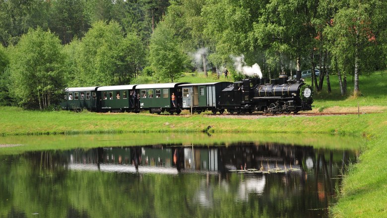 Eine historische Dampflokomotive zieht grüne Waggons durch eine grüne Landschaft, die sich in einem ruhigen Teich spiegelt.
