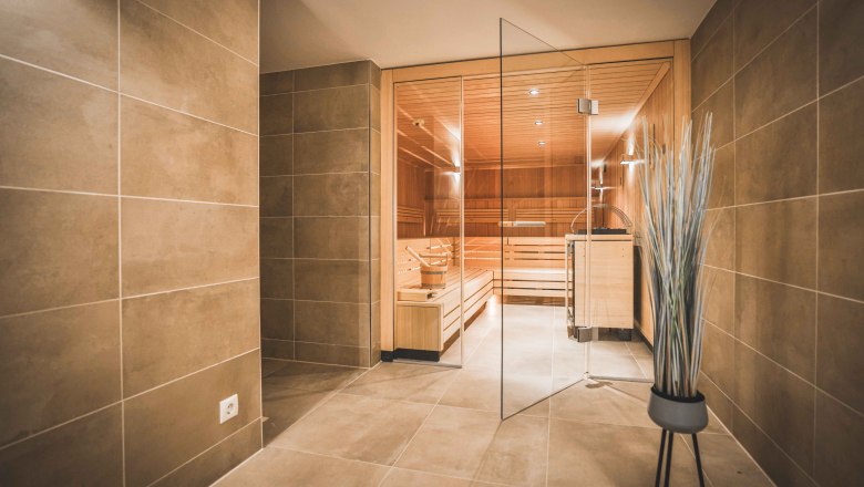 Moderner Saunabereich mit Glaswand und Holzbänken.