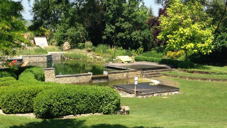 A natural swimming pond with wooden decks and green surroundings.