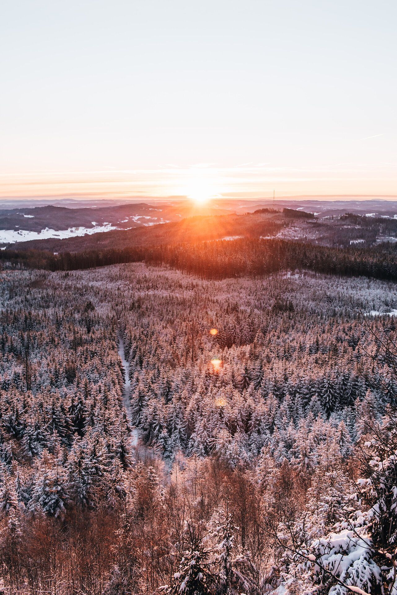 Die Wintersonne taucht die verschneite Landschaft in ein warmes Licht, während die schneebedeckten Bäume sanft im Wind wiegen. Ein ruhiger Pfad schlängelt sich durch die winterliche Idylle und lädt zu einer besinnlichen Wanderung ein.
