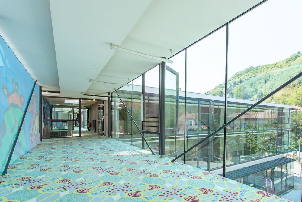 Moderner, verglaster Durchgang mit buntem Teppich und Wandkunst.