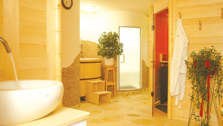 Ein Wellnessbereich mit Sauna, Waschbecken und Pflanzen.