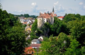 Blick auf die Stadt Raabs mit einer Burg auf einem Hügel, umgeben von Bäumen und Häusern.
