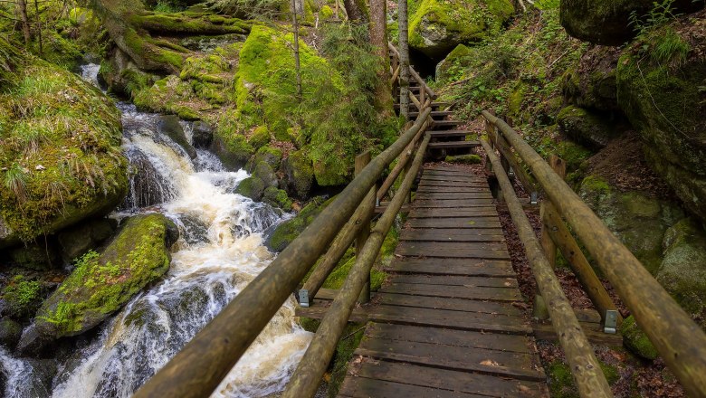 Holzsteg in der Ysperklamm neben einem kleinen Wasserfall.