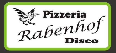 Logo der Pizzeria Rabenhof mit einem Vogel und grünem Rand.