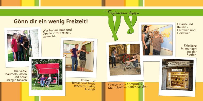 Collage mit Freizeitaktivitäten und Texten zu Freizeitgestaltung.