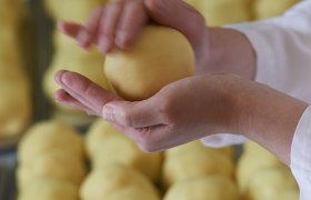 Person formt Teigkugel mit Händen, im Hintergrund weitere Teigkugeln.