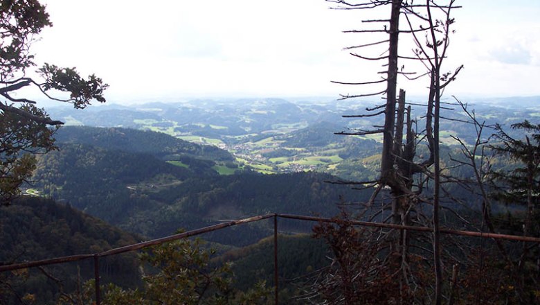 Aussicht von einem Berg mit Geländer und Bäumen im Vordergrund, Blick auf hügelige Landschaft.