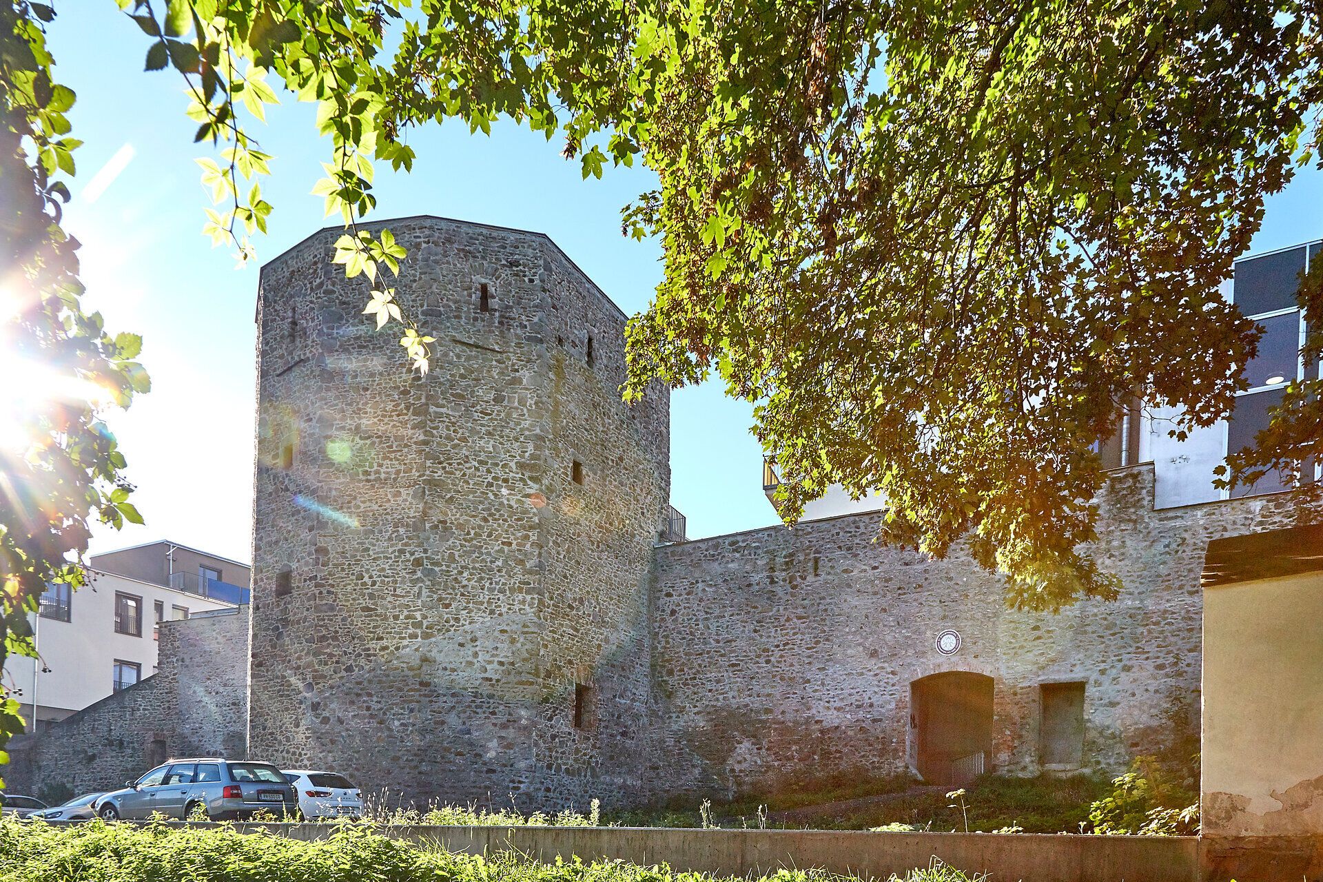 Die imposante Stadtmauer, umgeben von üppigem Grün, erzählt von vergangenen Zeiten und lädt zu einem Spaziergang ein. Die sanften Sonnenstrahlen durchdringen das Blätterdach und schaffen eine magische Atmosphäre, die die Besucher in ihren Bann zieht.