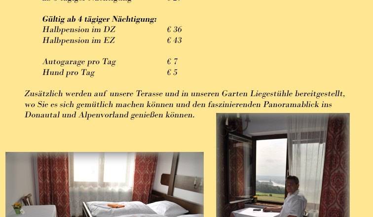 Informationsseite über Gästezimmer mit Preisen und Fotos eines Zimmers mit Aussicht.