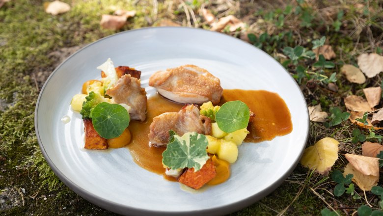 A plate of poussin, pumpkin and green leaves, arranged in a meadow.