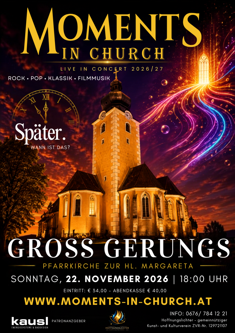 Ein Plakat einer Kirche mit Turm und Feuerwerk
