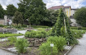 Heilkräutergarten im Stift Geras mit verschiedenen Pflanzenbeeten und einem Rankgerüst aus Holz.