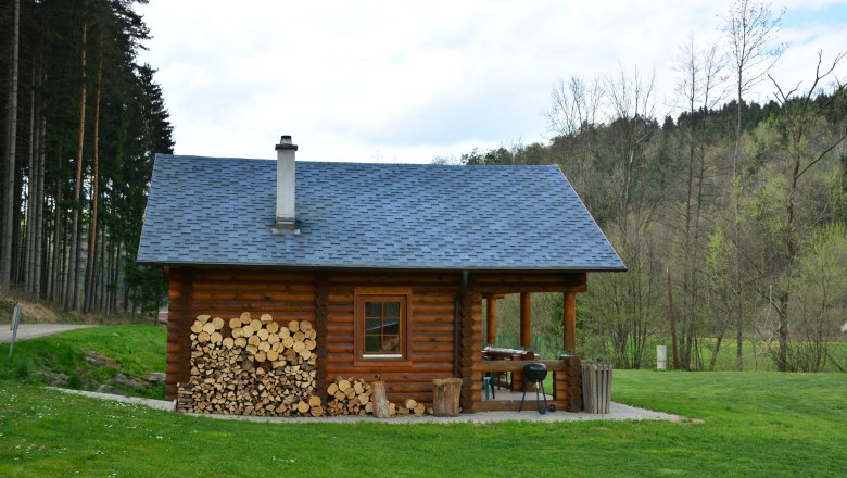 A log cabin with woodpile and barbecue in the countryside, surrounded by trees.