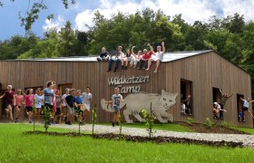 Eine Gruppe von Kindern und Erwachsenen sitzt auf einem Holzgebäude mit der Aufschrift 'Wildkatzen Camp'. Einige Kinder stehen und springen davor.
