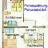 Grundriss einer Ferienwohnung mit Schlafzimmer, Wohnraum, Vorraum, Bad, WC und Kochnische.