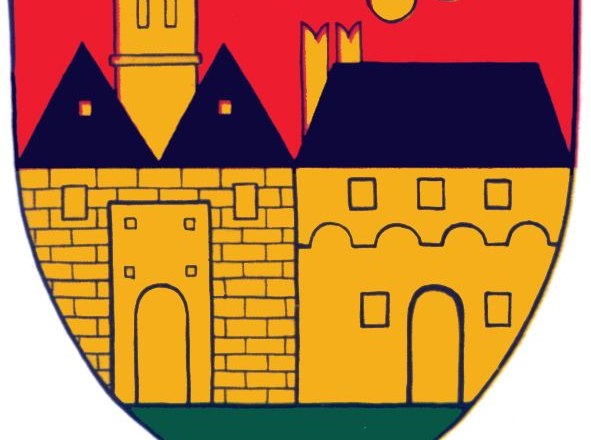 Coat of arms of Allentsteig with castle, tower and comet on a red background.
