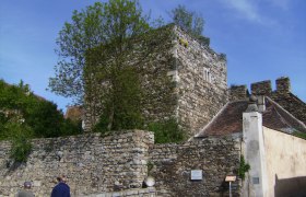 Historische Steinmauer und Turm in Drosendorf-Zissersdorf, umgeben von Bäumen und blauem Himmel.