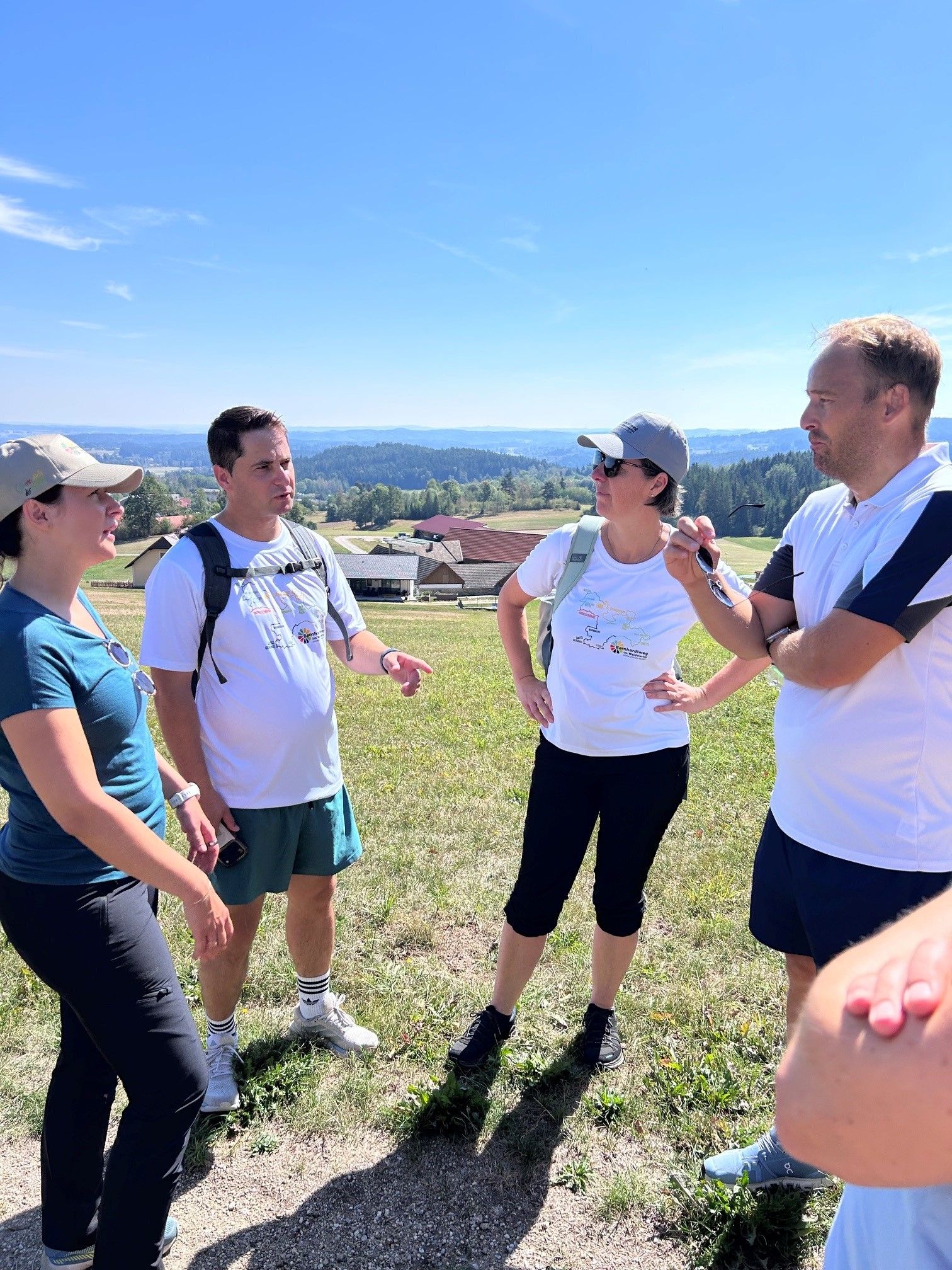 Mehrere Personen unterhalten sich auf einer Wiese