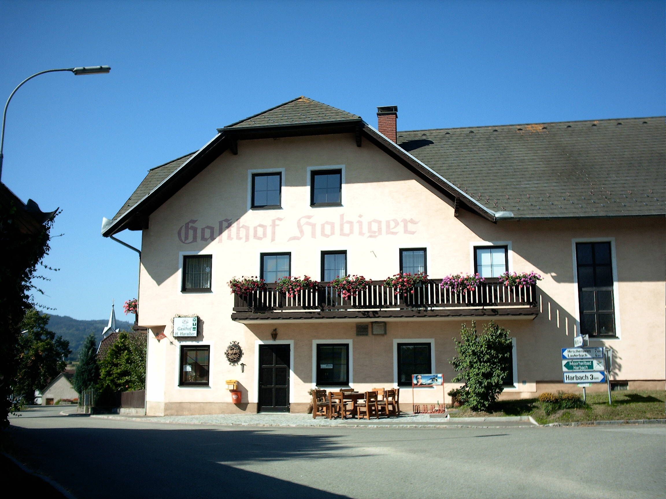 Ein traditioneller Gasthof mit Balkon und Blumenschmuck, beschriftet mit 'Gasthof Hobiger'.